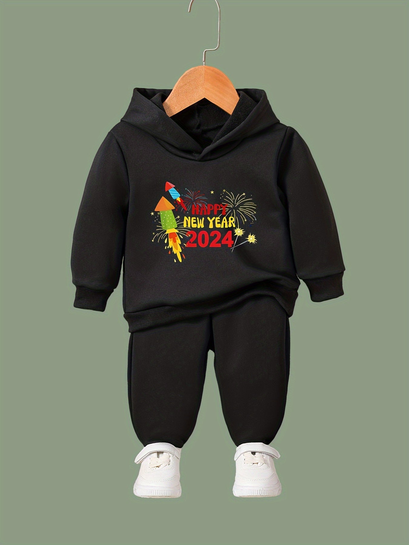 Cartoon Rockets Pattern Hooded Sweatshirt & Sweatpants Set for Girls