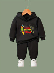 Cartoon Rockets Pattern Hooded Sweatshirt & Sweatpants Set for Girls