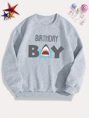 Shark And BIRTHDAY BOY Print Boys Sweatshirt Long Sleeve Crew Neck Tops