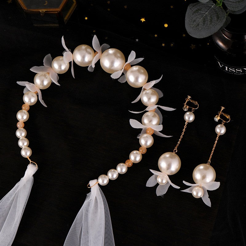 Vintage Bridal Pearl Flower Headband with Veil