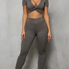 Heathered Twist Front V Neck Crop Top & Leggings Set