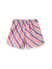 Girls Stars & Rainbow Print Drawstring Pants Casual Sport Shorts