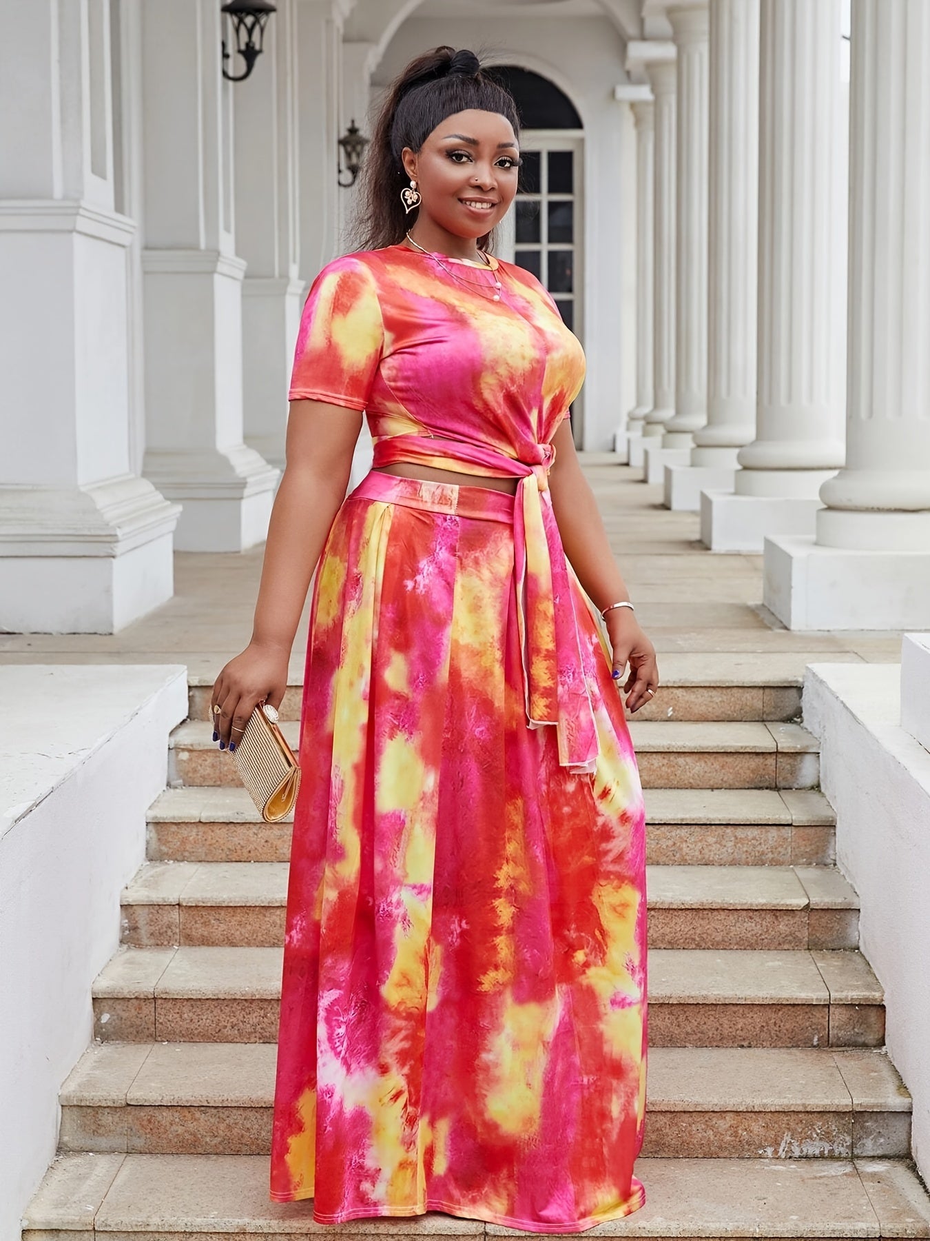 Tie Dye Print Short Sleeve Crop Top & Maxi Skirt Set Plus Size