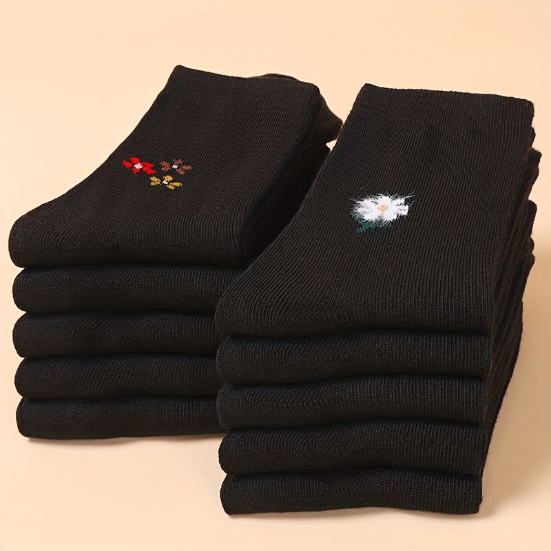 5 Pairs Floral Print Socks Breathable Mid Tube Stockings