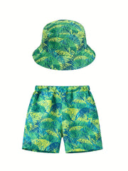 Boy's Coconut Tree Print Shorts & Sun Hat Set