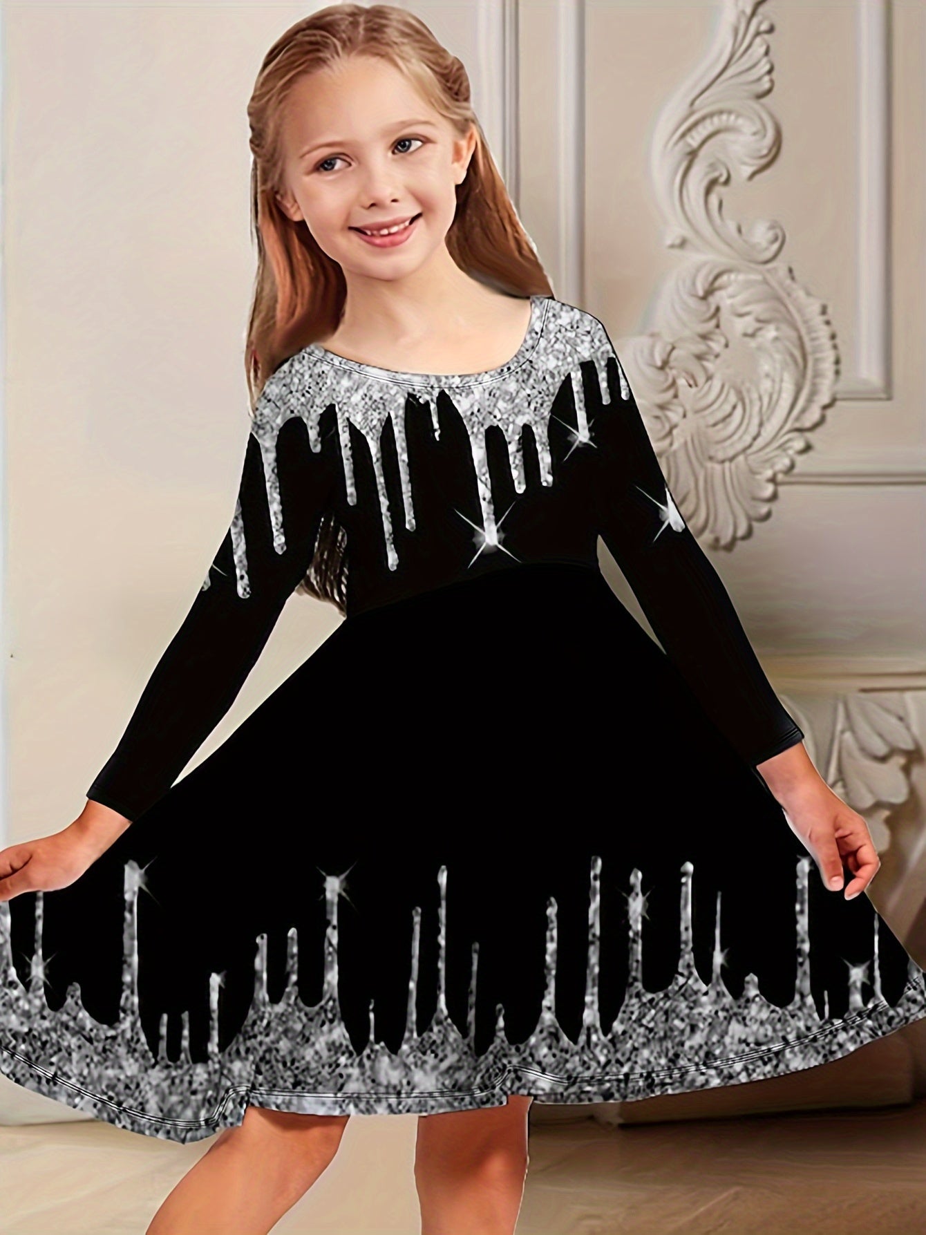 Girls Splicing Long Sleeve Dress Comfy Spring Fall Gift