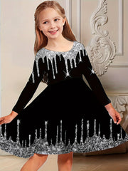 Girls Splicing Long Sleeve Dress Comfy Spring Fall Gift