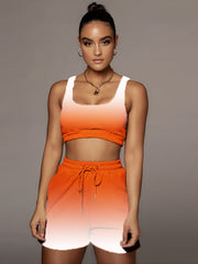 Gradient Two Piece Sport Sets Sleeveless Crop Tops & Drawstring Shorts