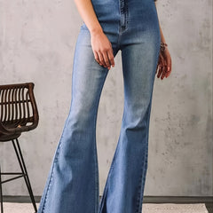 Women's High Waist Flare Leg Pants Stretch Denim Retro Solid Flared Jeans