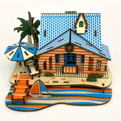 3D Wooden Beach House Puzzle DIY Toy Orange & Striped Theme
