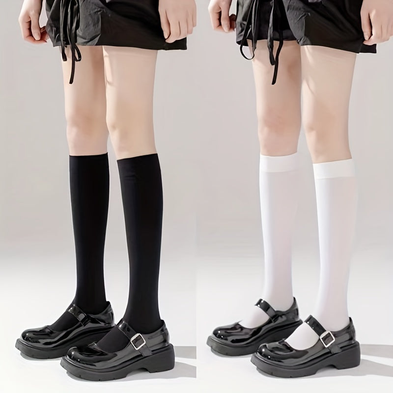 2 Pairs Solid Calf Socks College Style Knee High Women's Stockings