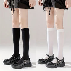 2 Pairs Solid Calf Socks College Style Knee High Women's Stockings