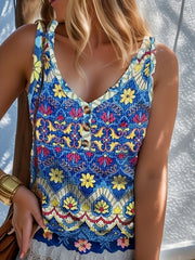 Print V Neck Tank Top Casual Button Front Tank Top For Summer