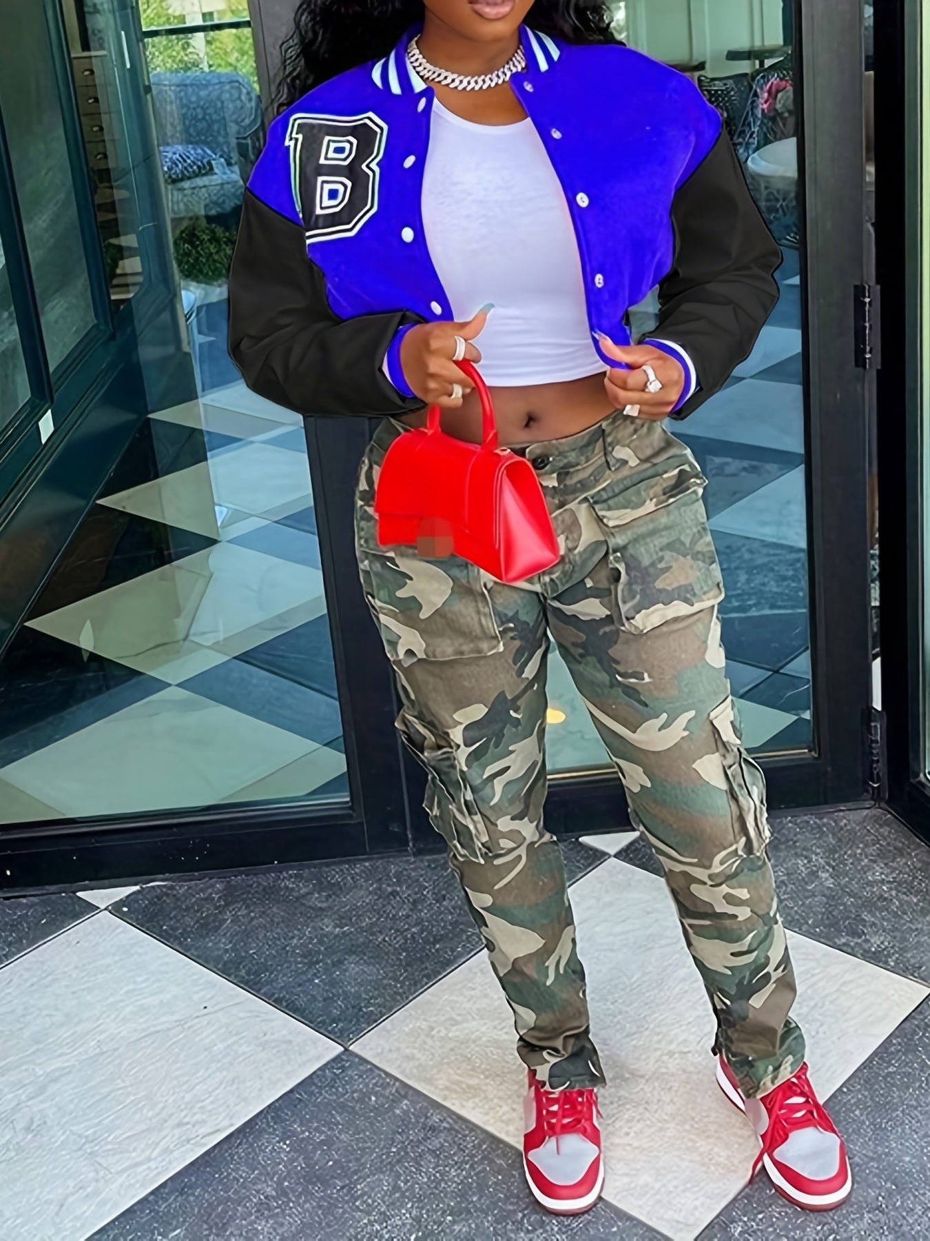B Print Crop Varsity Jacket Casual Outerwear Women's Clothing