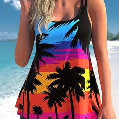 Tropical Print Tankini Set Scoop Neck Cami Top & Shorts Swimsuit