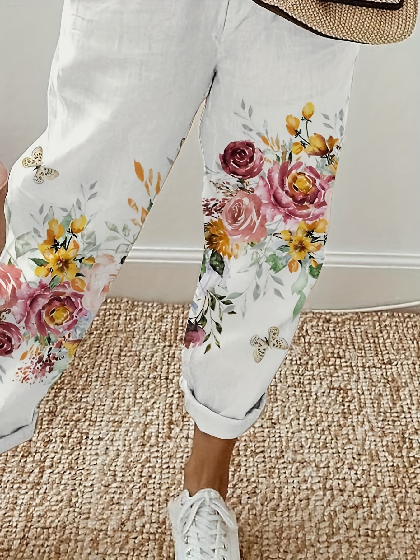 Women's Plus Butterfly Print Elastic Drawstring High Rise Casual Pants