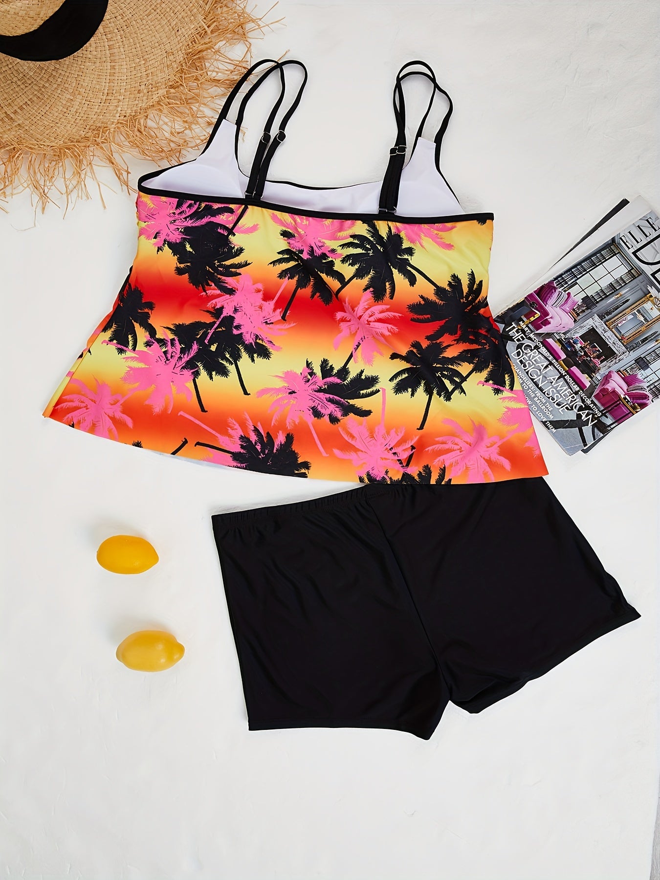 Coconut Tree Print Tank Top & Solid Shorts Swimsuit Set