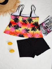 Coconut Tree Print Tank Top & Solid Shorts Swimsuit Set