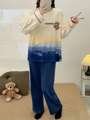 Cartoon Bear Pajama Set Long Sleeve Crew Neck Top & Pants