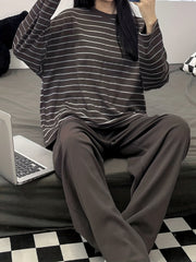 Striped Print Pajama Set Long Sleeve Crew Neck Top & Elastic Waistband Pants