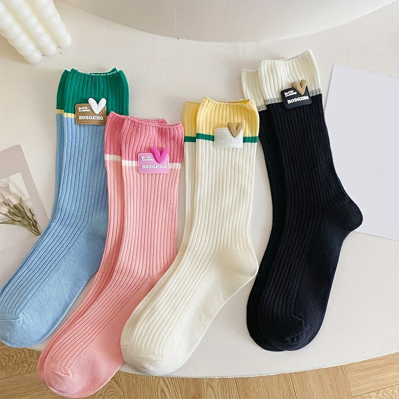 4 Pairs Heart Pattern Socks Colorblock Crew Women's Stockings