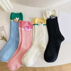 4 Pairs Heart Pattern Socks Colorblock Crew Women's Stockings