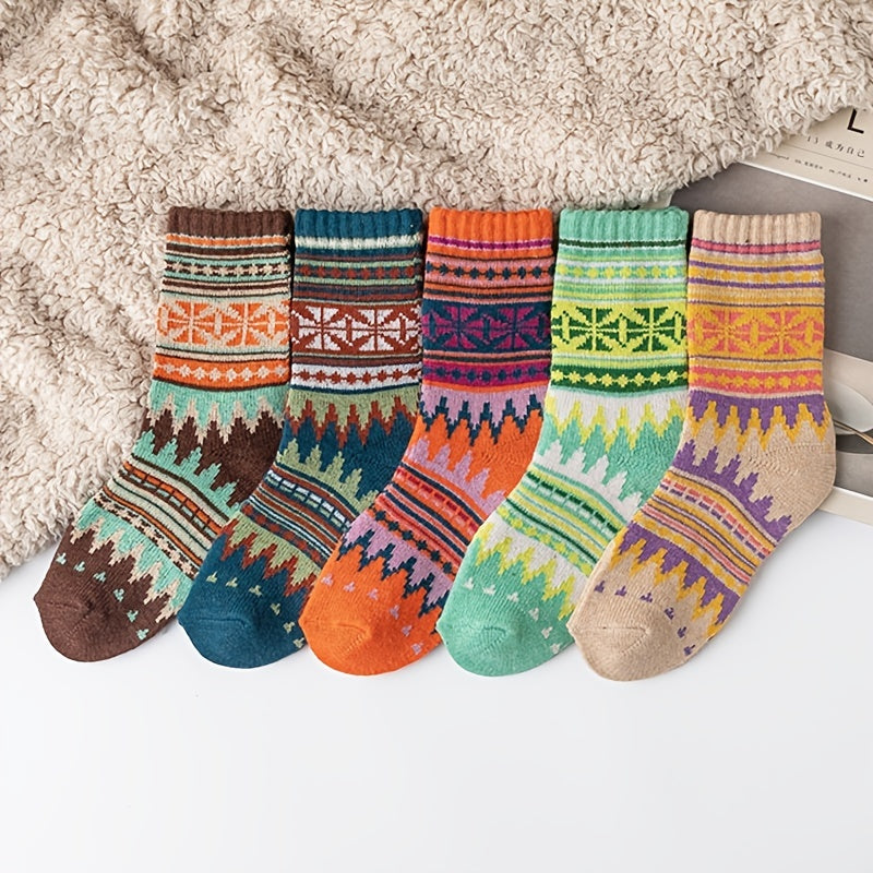 5 Pairs Women's Thick Warm Ethnic Wool Socks Curry Stripes