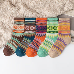 5 Pairs Women's Thick Warm Ethnic Wool Socks Curry Stripes