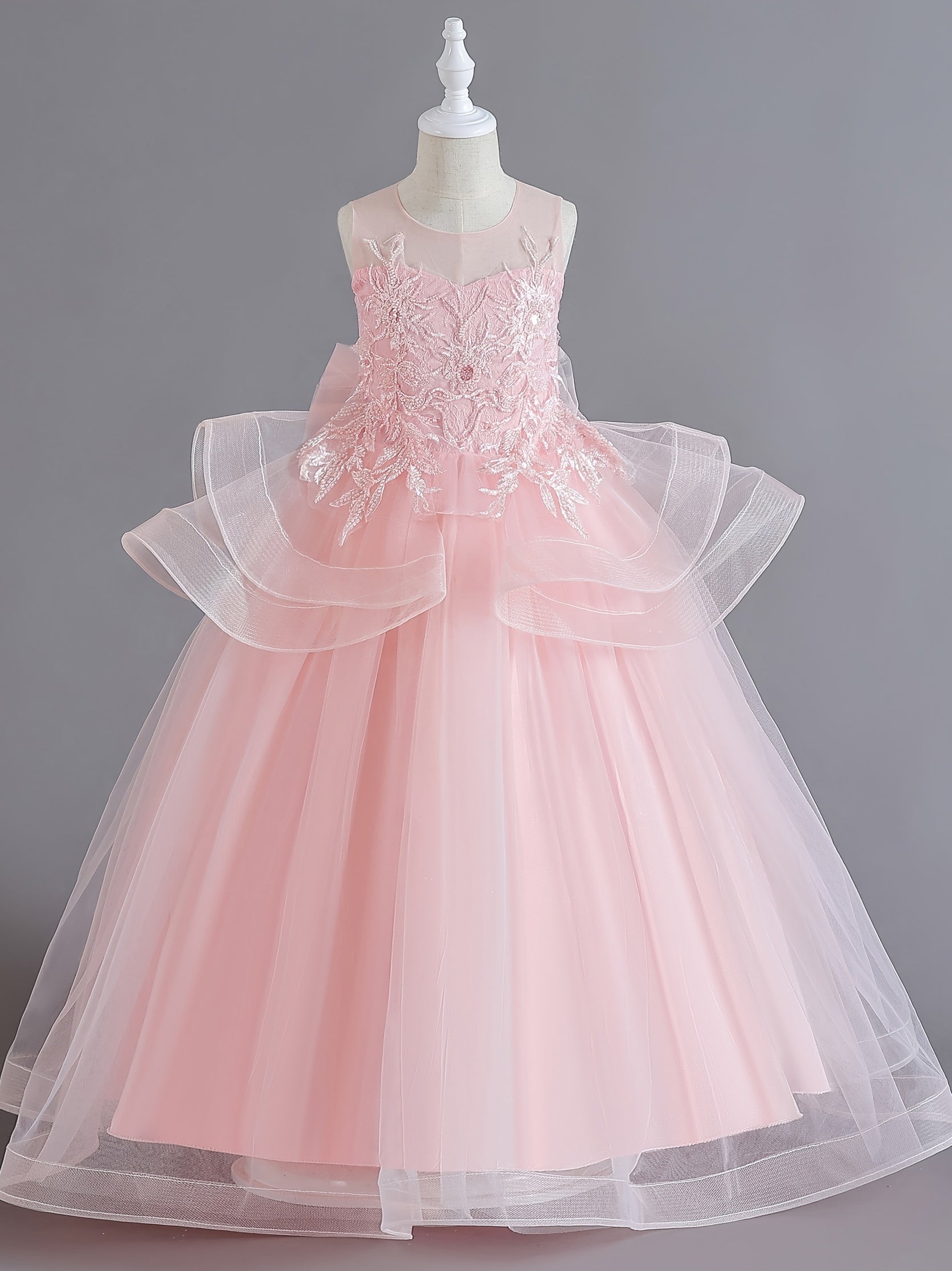 Girls Sleeveless Princess Dress Flower Embroidery Bow Decor Tulle Tutu Dress