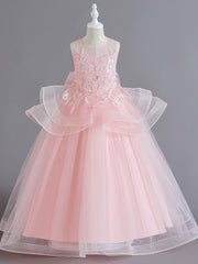 Girls Sleeveless Princess Dress Flower Embroidery Bow Decor Tulle Tutu Dress