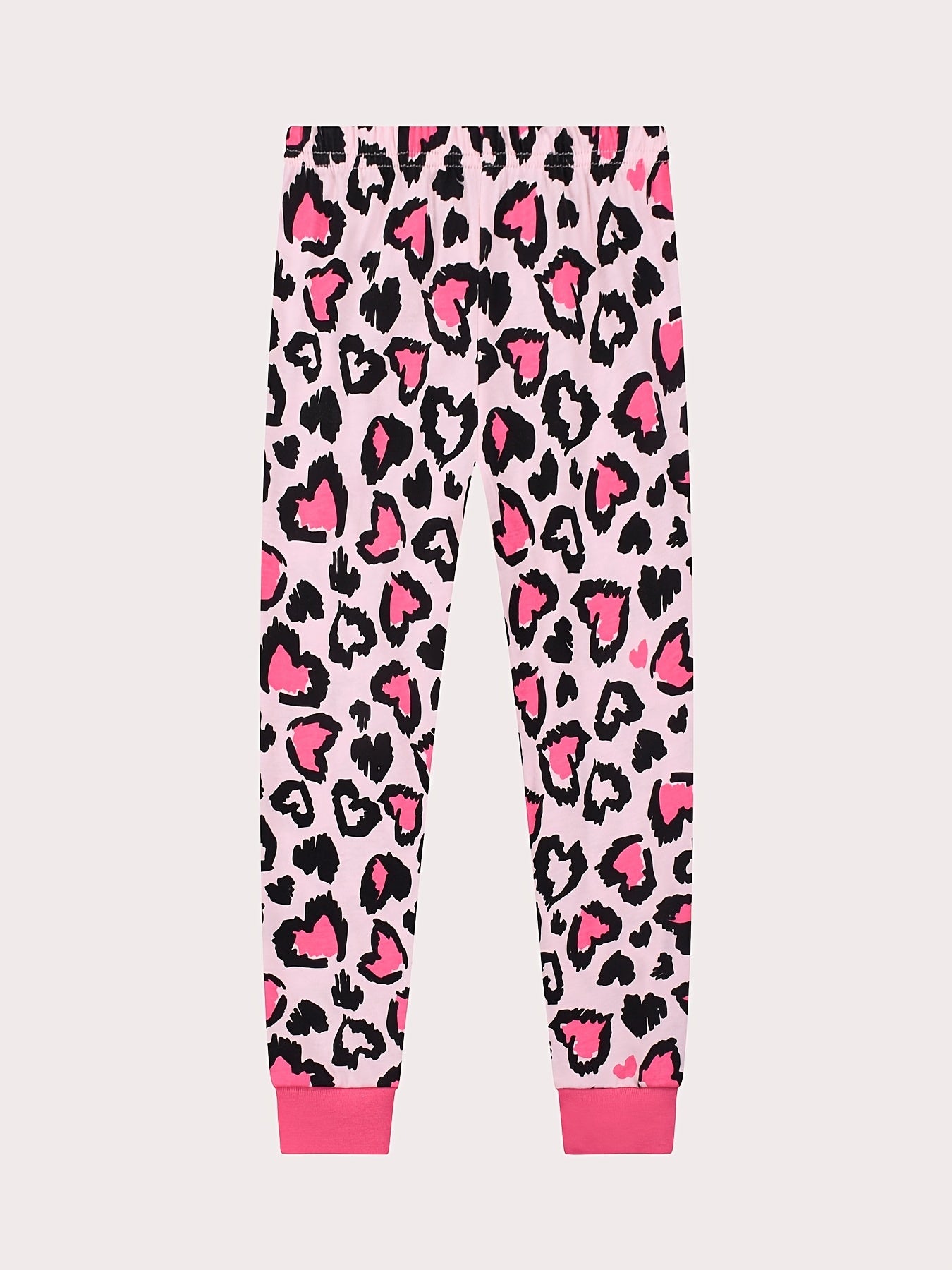 Cat Print Kids' Pajamas Set Long Sleeve Top & Leopard Pants Comfy Loungewear