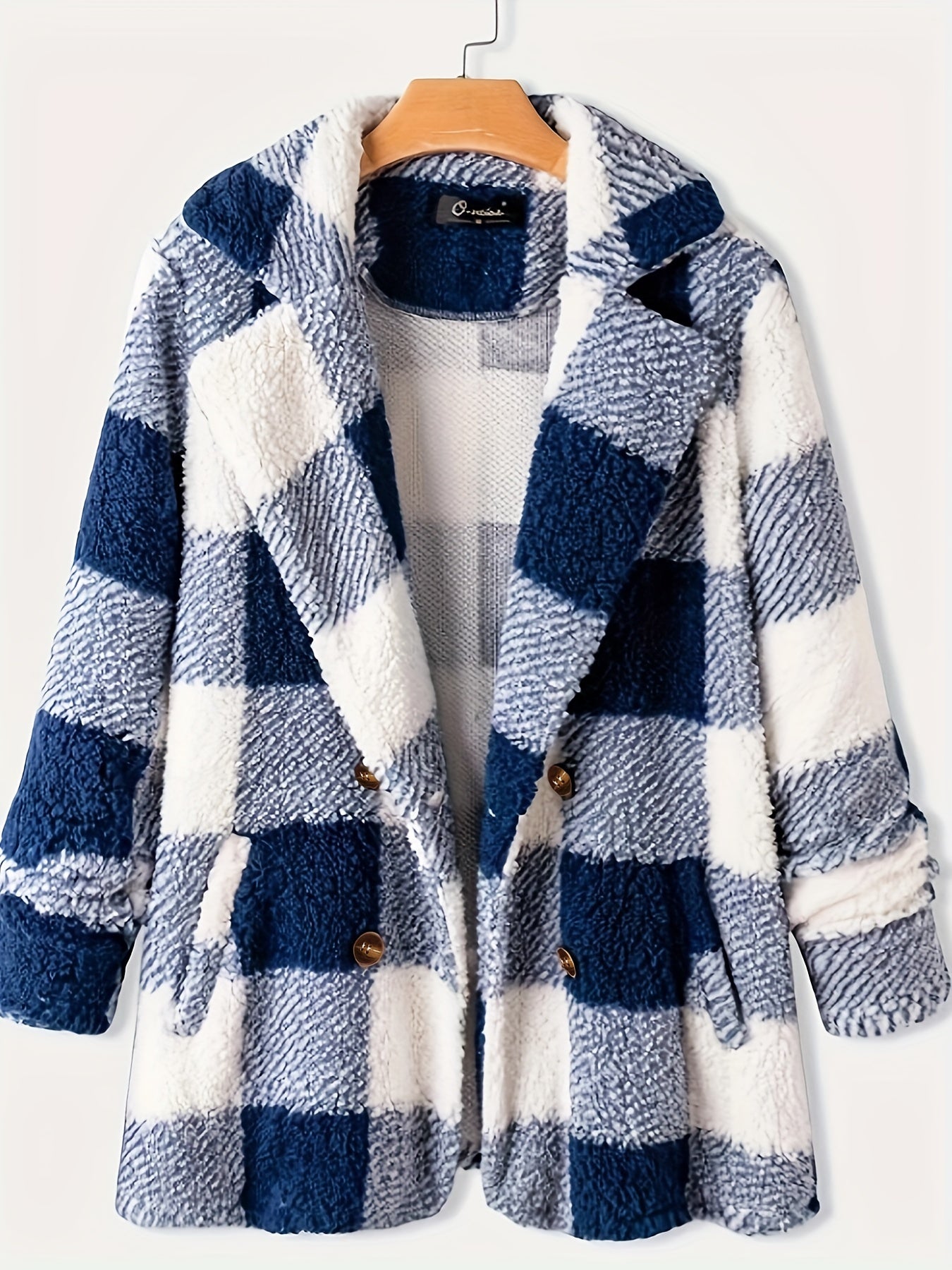 Plaid Pattern Dual Breasted Plush Coat for Fall & Winter