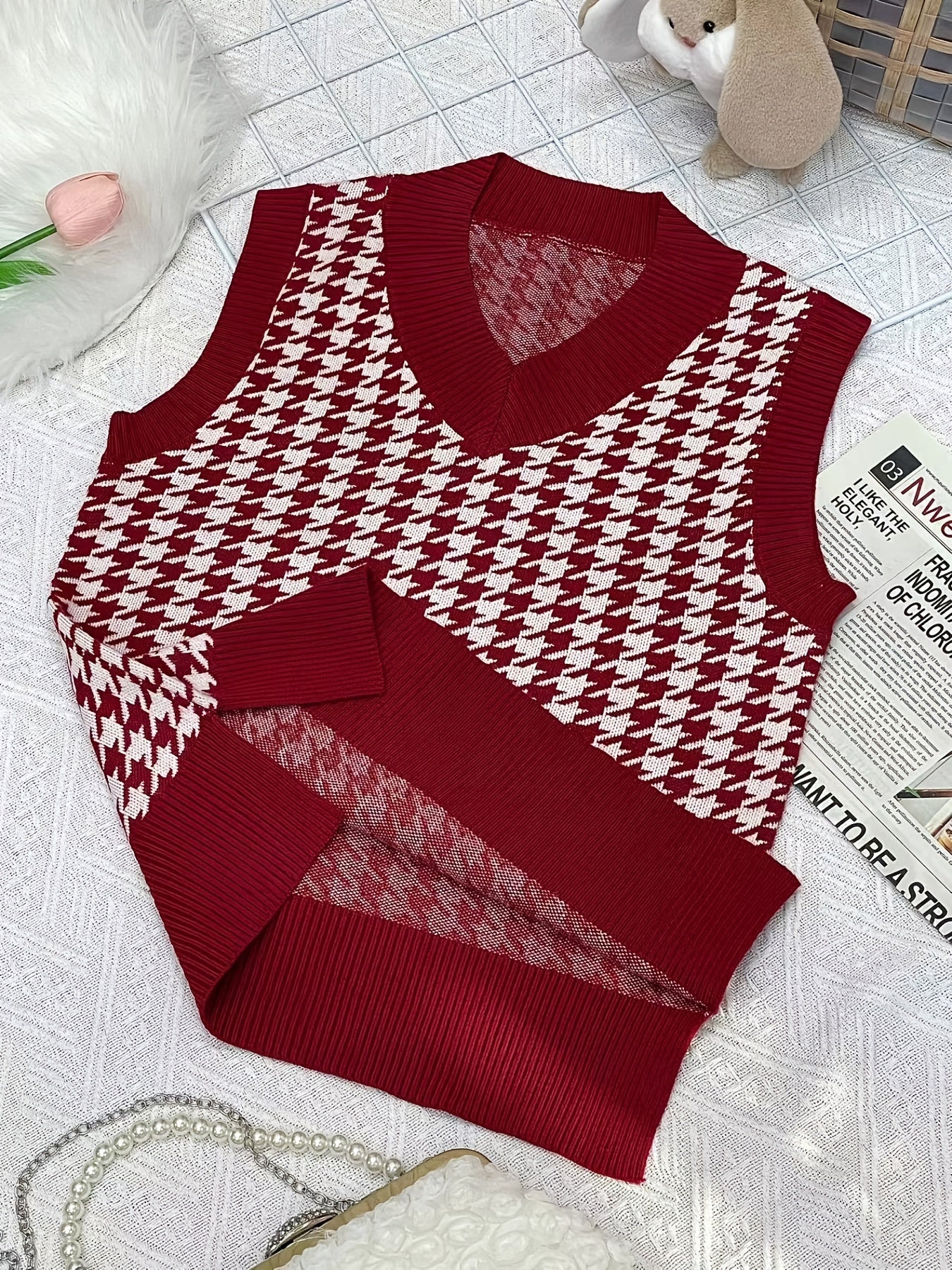 Girls Houndstooth V Neck Knitted Sweater Vest