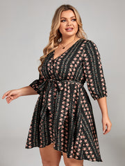Ditsy Floral Print Half Sleeve V Neck Midi Dress