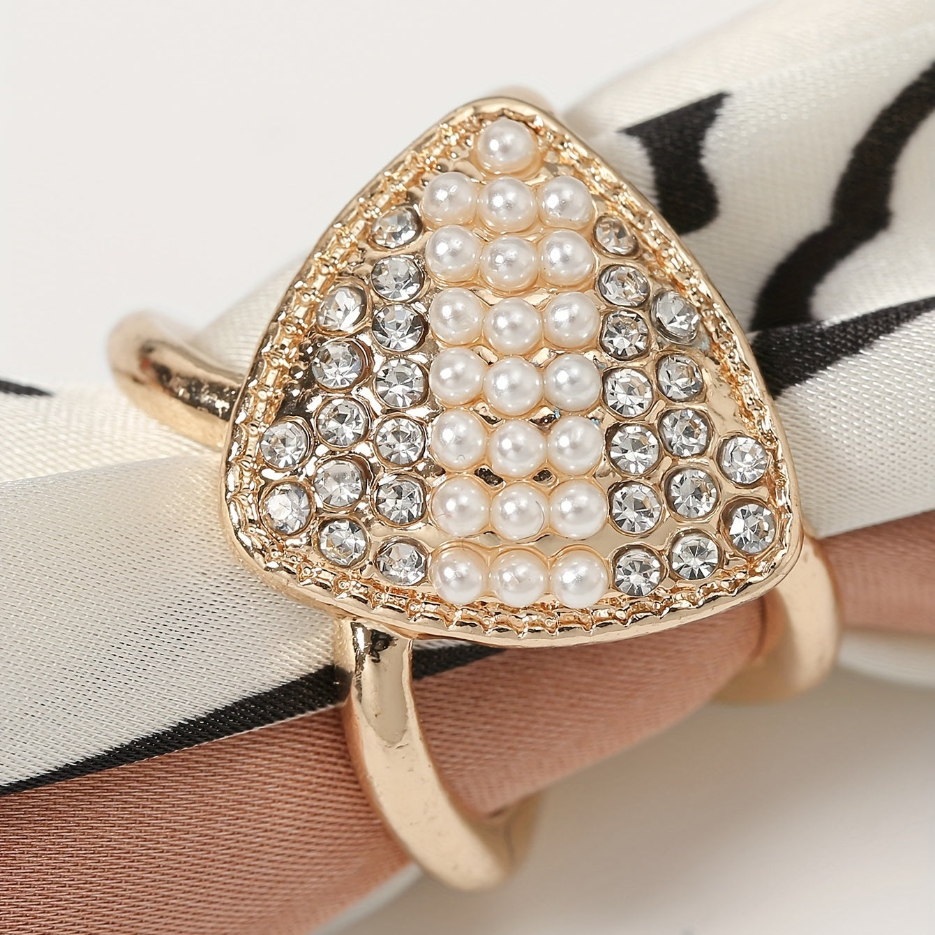 Golden Metal Scarf Ring with Faux Pearl for Women