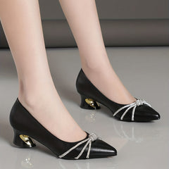 Women's Rhinestone Knot Chunky Heels Pointed Toe Pumps