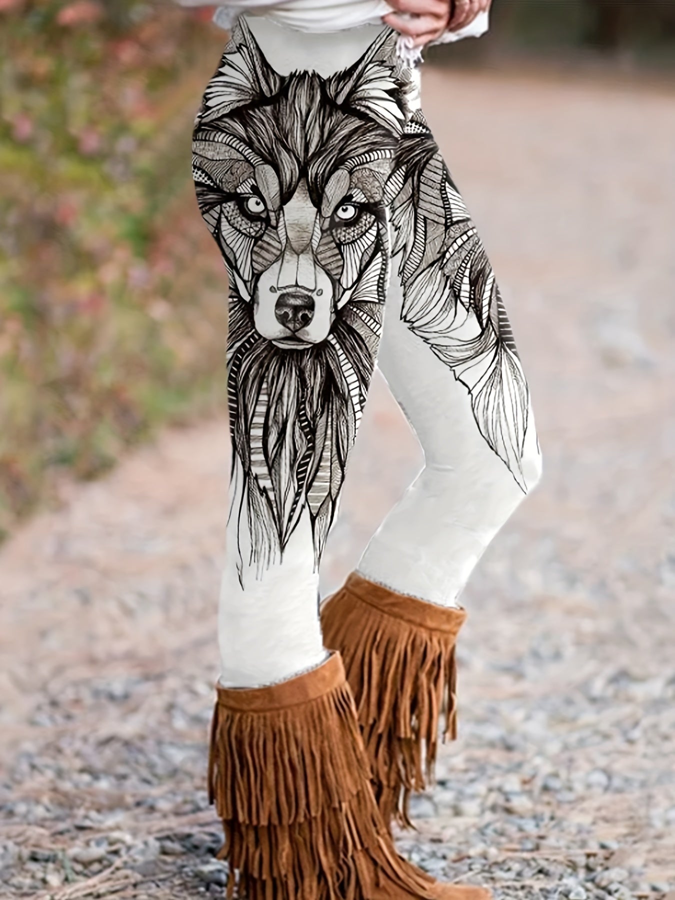 Women's Tribal Wolf Print High Rise Leggings
