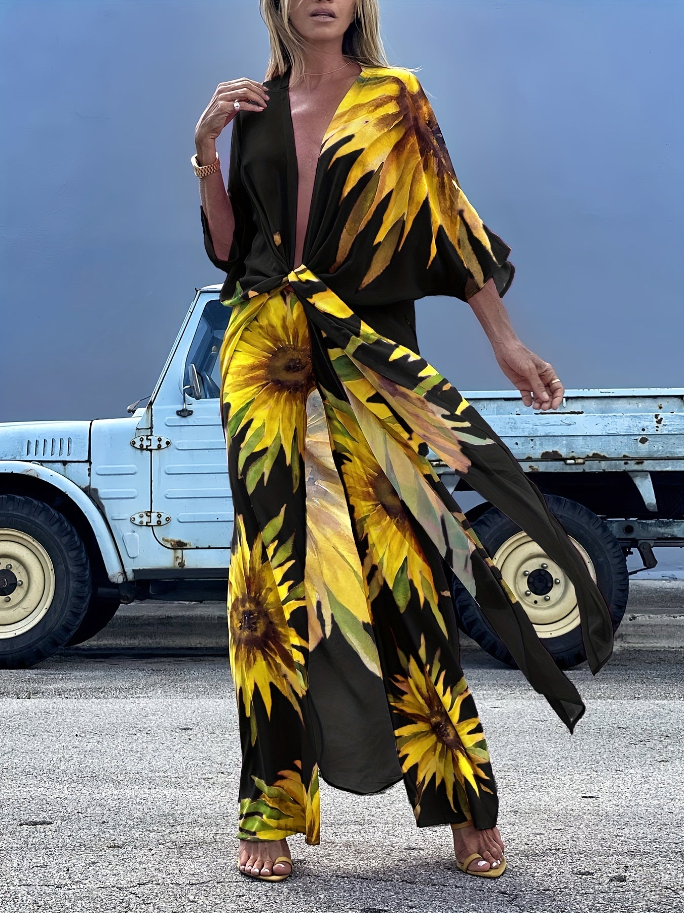 Sunflower Pattern Swimsuit Cover Up V Neck Beachwear
