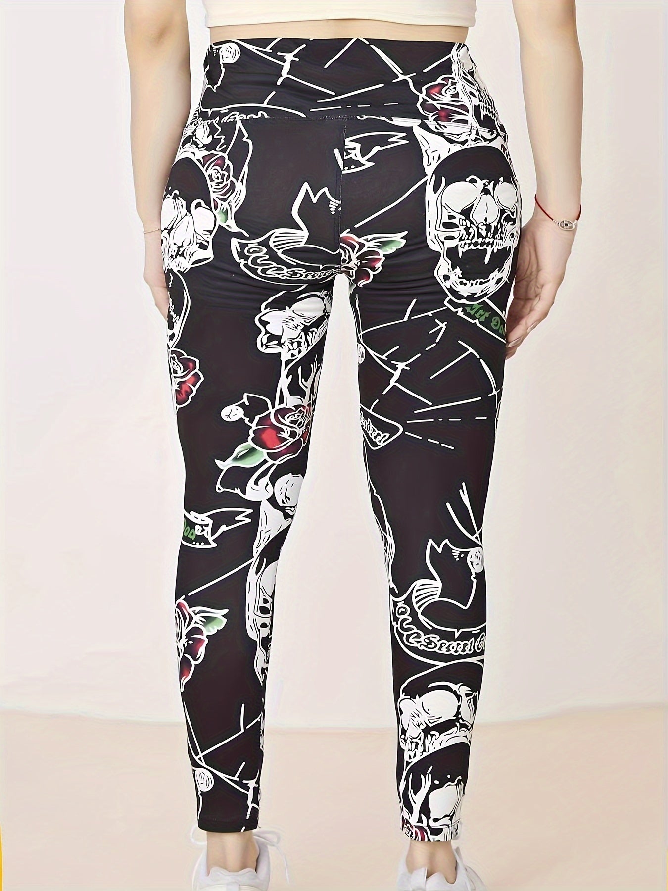 Halloween Sports Leggings Skull & Letter Print High Rise High Stretch