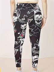 Halloween Sports Leggings Skull & Letter Print High Rise High Stretch