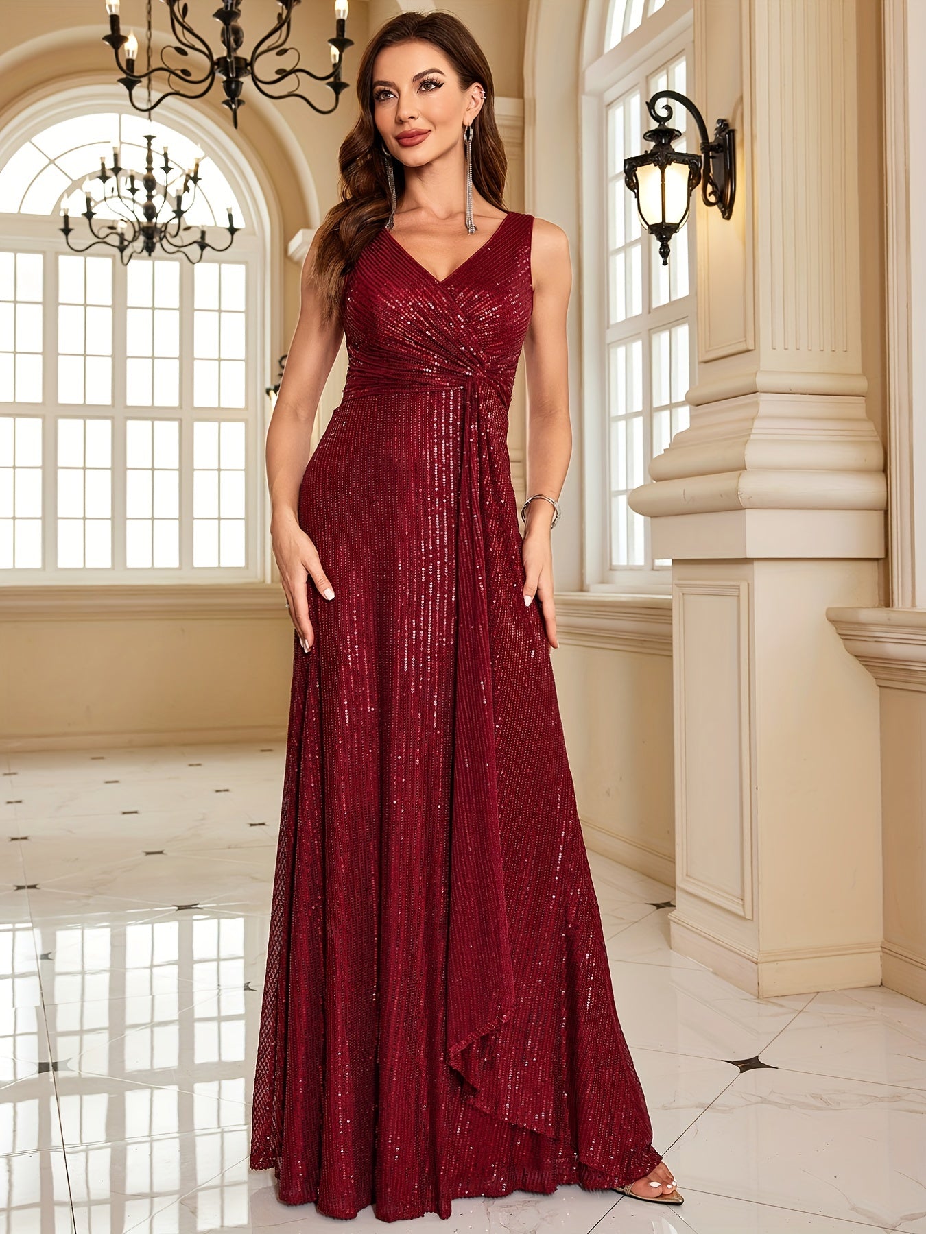 Surplice Neck Sequined Dress Sleeveless Ankle Dress For Party & Banquet