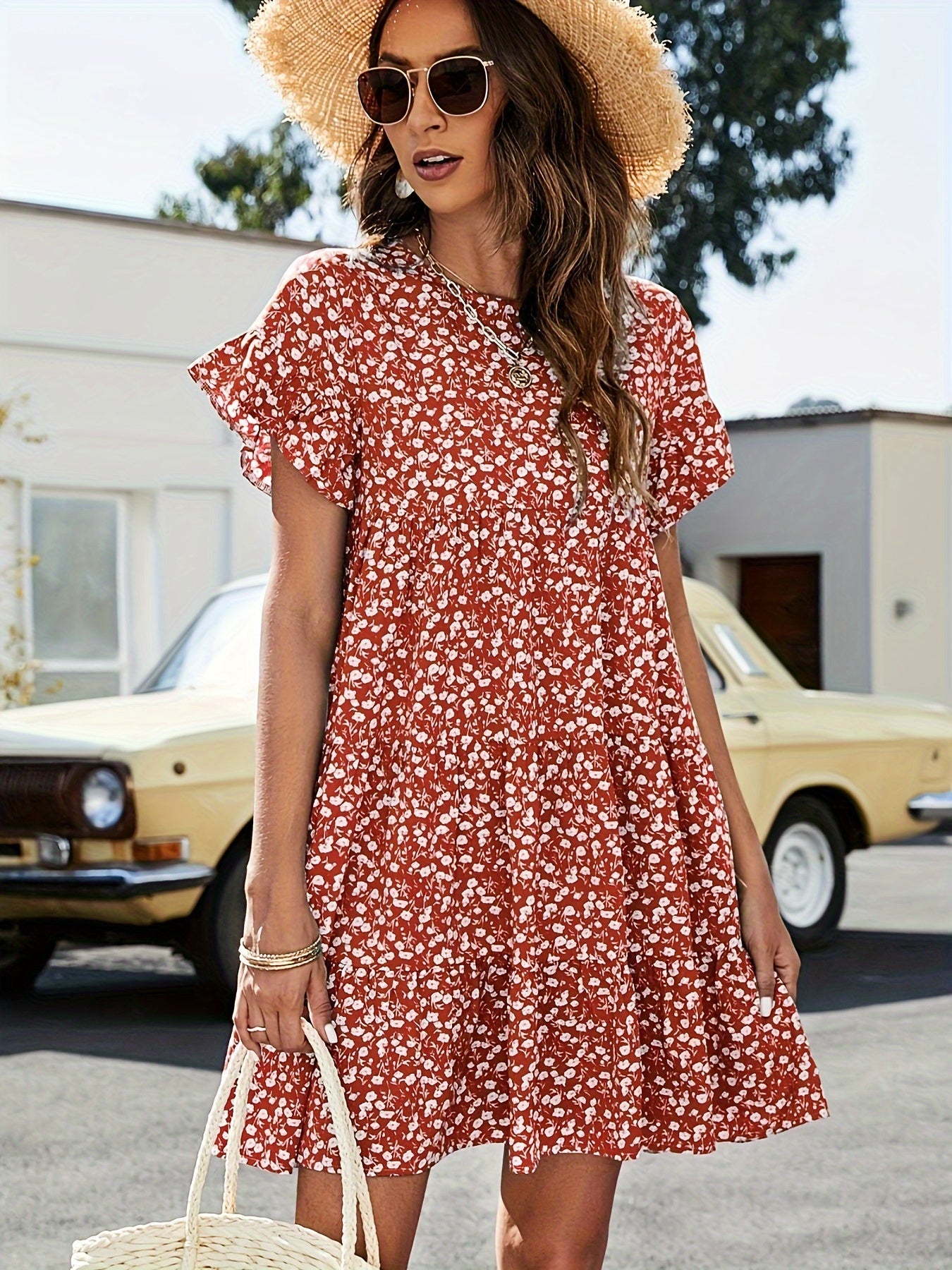 Ditsy Print Short Sleeve Round Neck Mini Smock Dress
