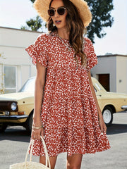 Ditsy Print Short Sleeve Round Neck Mini Smock Dress