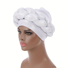 Silvery Turban Cap Twisted Braided Pre tied Big Head Wrap Elastic