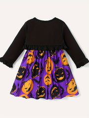 2pcs Toddler Girls Halloween Sets - Ruffle Trim Cardigan & Pumpkin Dress