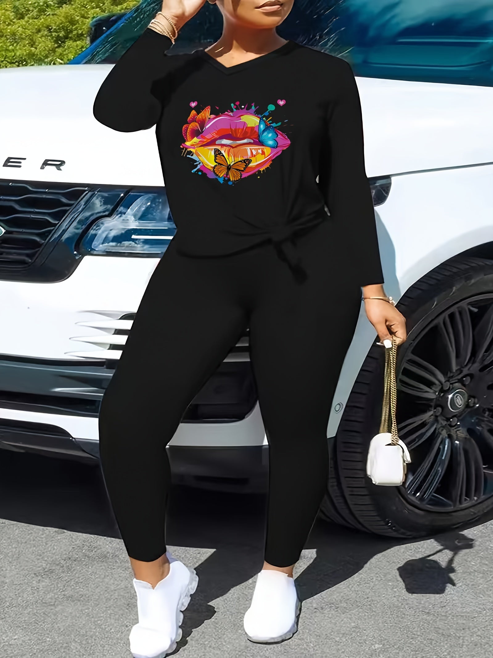 Lip & Butterfly Print Top & Leggings Set Long Sleeve V Neck