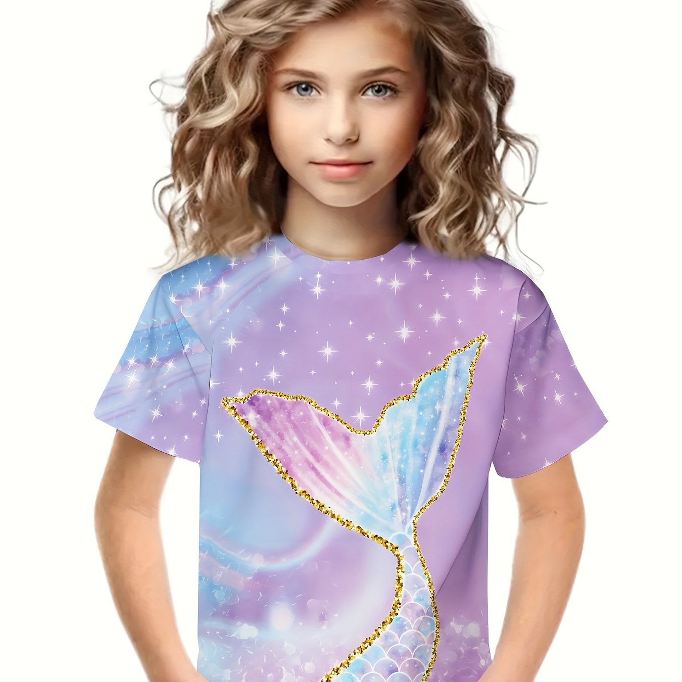 Mermaid Tail Print Short Sleeve T-shirt Kids Summer Sports Gift