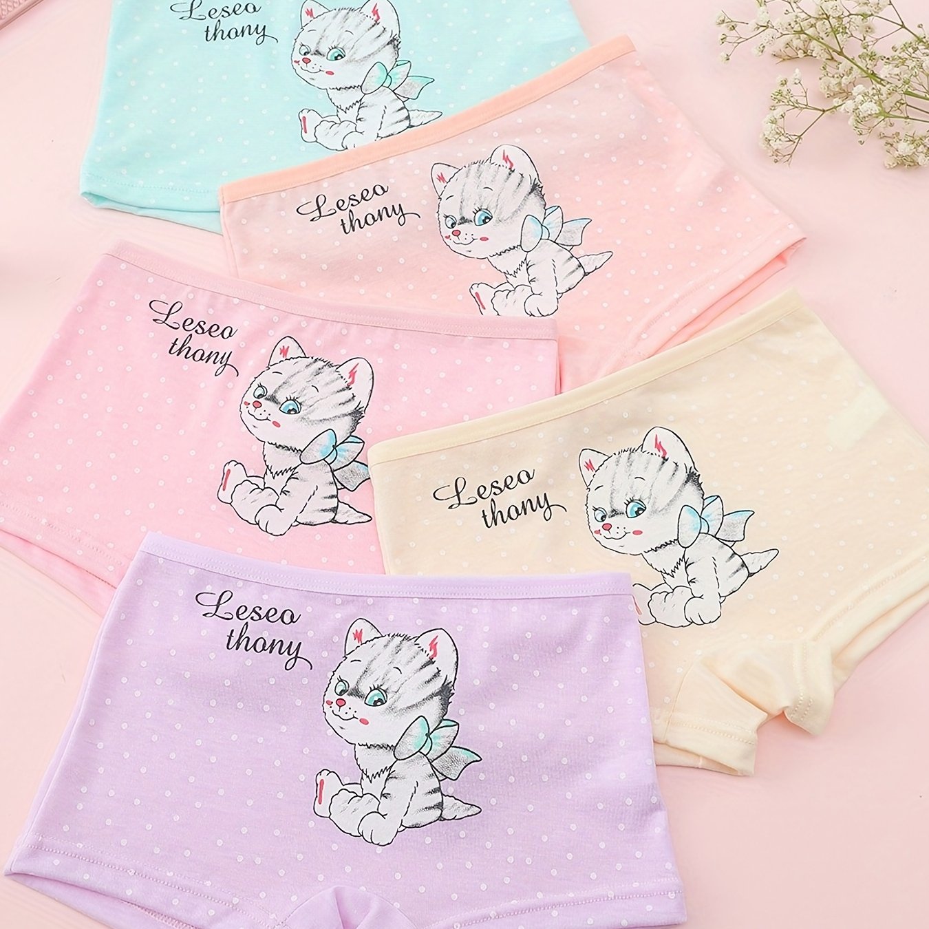5pcs Girl's Cat Cartoon Underwears Medium Stretch Cotton Panties