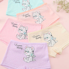 5pcs Girl's Cat Cartoon Underwears Medium Stretch Cotton Panties