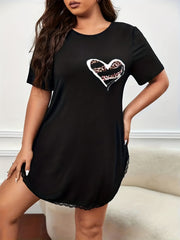 Leopard Heart Print Lace Trim Nightdress